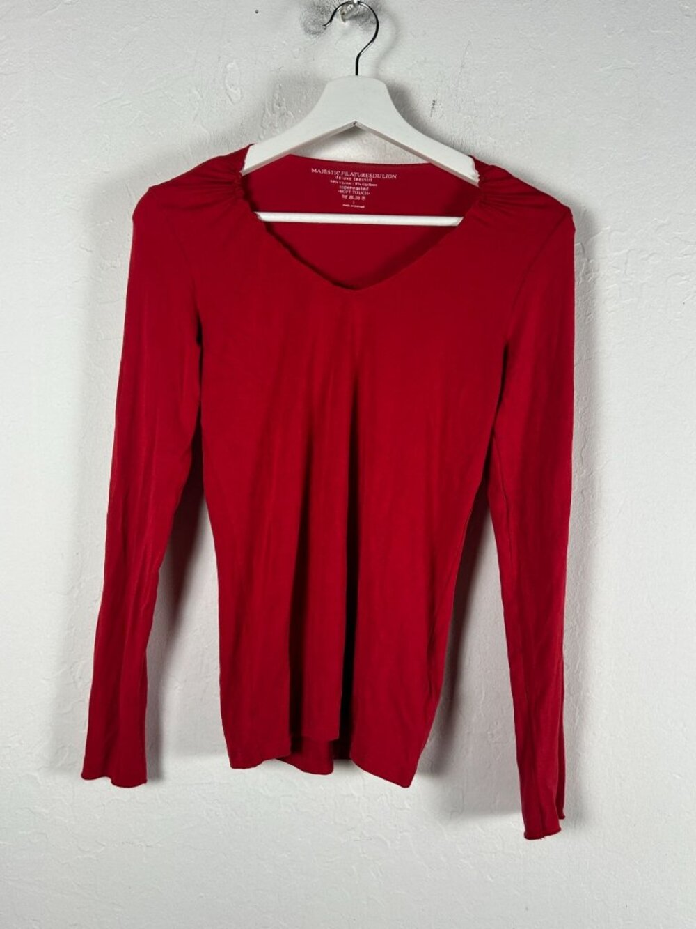 Majestic Filatures Womens Red Soft Touch V-Neck Long Sleeve Top Size 2 Stretch